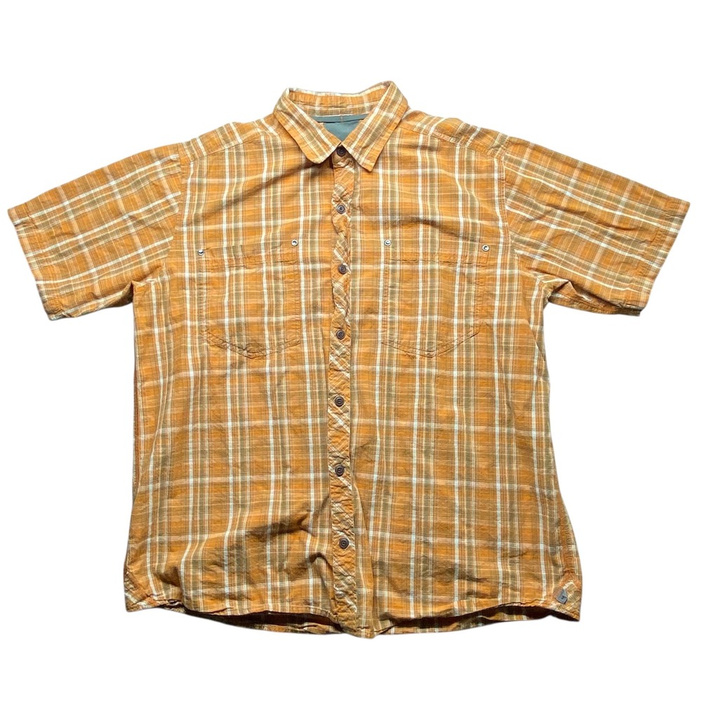 REI Mens XL Plaid Short Sleeve Button Up Shirt Casual Outdoor Work Beige Orange - Picture 1 of 14